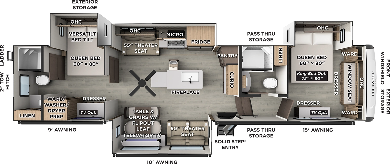The Rockwood Signature Fifth Wheels 403SDB floorplan has one entry and four slide outs. Exterior features include: fiberglass exterior, 9', 10' and & 15' awning. Interiors features include: kitchen island, front bedroom, two bedrooms, rear bathroom and two full bathrooms.